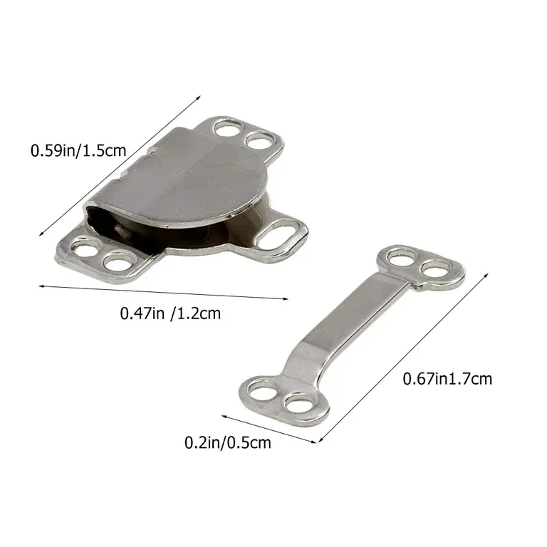 A silver-tone metal hook and eye closure set with precise dimensions labeled in inches and centimeters. The closure consists of two parts: a curved hook component and a corresponding eyelet piece, both featuring multiple holes for secure attachment. This durable and compact closure is commonly used for fastening small leather goods, bags, and accessories.