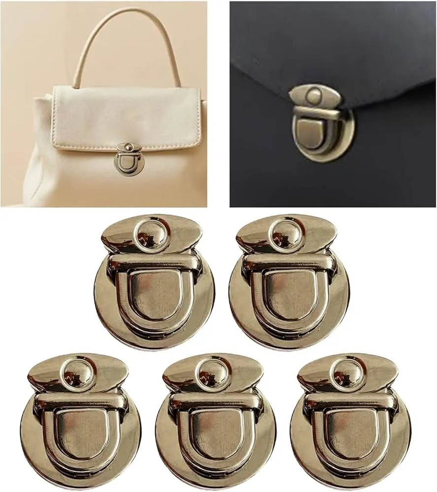 A set of gold-tone tuck lock closures displayed alongside images of handbags using the same closure design. The tuck locks feature a rounded, secure fastening mechanism, ideal for handbags, satchels, and leather accessories. The top images showcase a white structured handbag and a black leather bag, both incorporating the elegant tuck lock closure for a classic and sophisticated look.