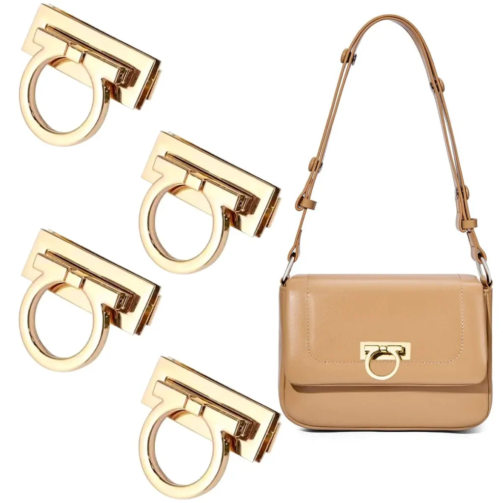 A set of gold-tone twist-lock closures displayed alongside a beige leather handbag featuring the same closure design. The handbag has a structured silhouette with a flap closure secured by the elegant metallic twist-lock mechanism. The adjustable leather shoulder strap adds versatility, making it a stylish and functional accessory for various occasions.